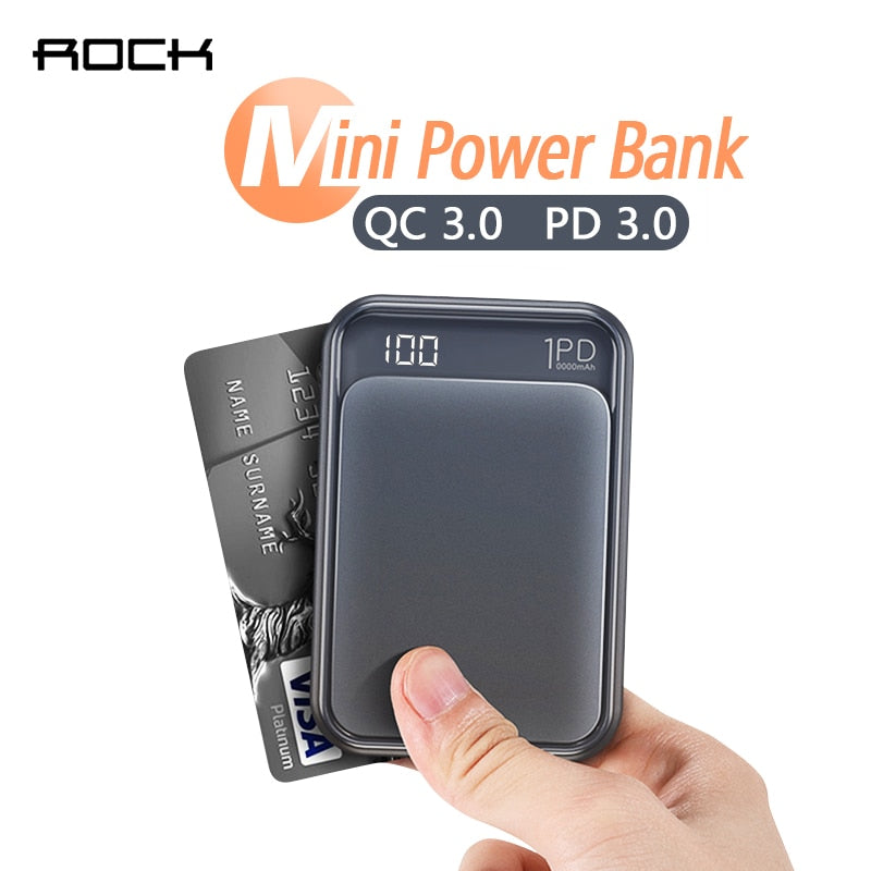ROCK 18W Type C PD QC 3.0 Power Bank 10000mah Mini External Battery LED Display USB Quick Fast Charging Powerbank For Xiaomi Mi