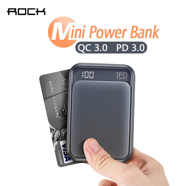 ROCK 18W Type C PD QC 3.0 Power Bank 10000mah Mini External Battery LED Display USB Quick Fast Charging Powerbank For Xiaomi Mi