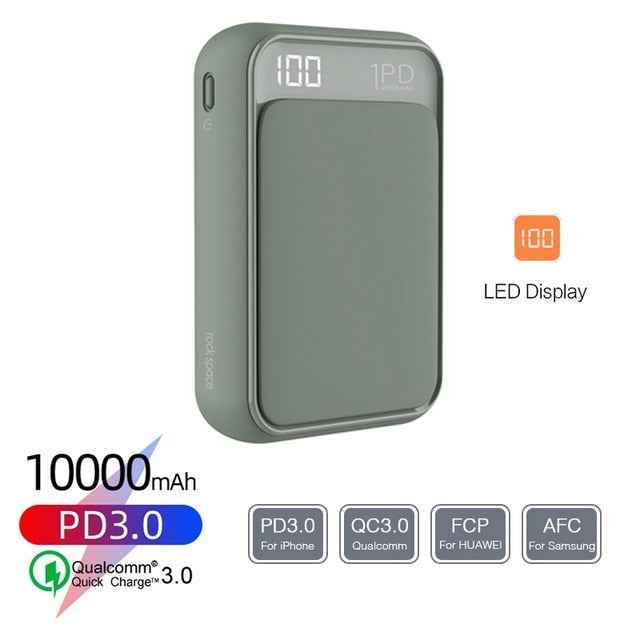 ROCK 18W Type C PD QC 3.0 Power Bank 10000mah Mini External Battery LED Display USB Quick Fast Charging Powerbank For Xiaomi Mi