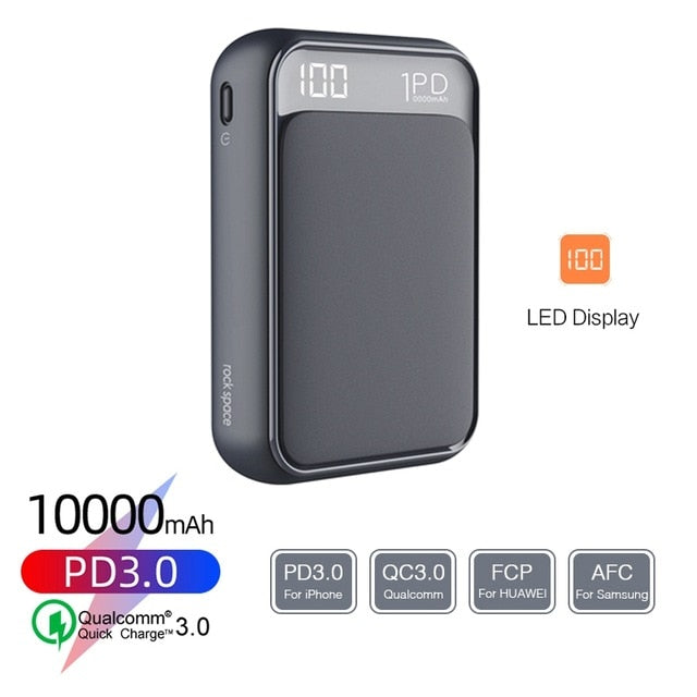 ROCK 18W Type C PD QC 3.0 Power Bank 10000mah Mini External Battery LED Display USB Quick Fast Charging Powerbank For Xiaomi Mi