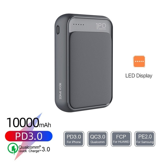 ROCK 18W Type C PD QC 3.0 Power Bank 10000mah Mini External Battery LED Display USB Quick Fast Charging Powerbank For Xiaomi Mi