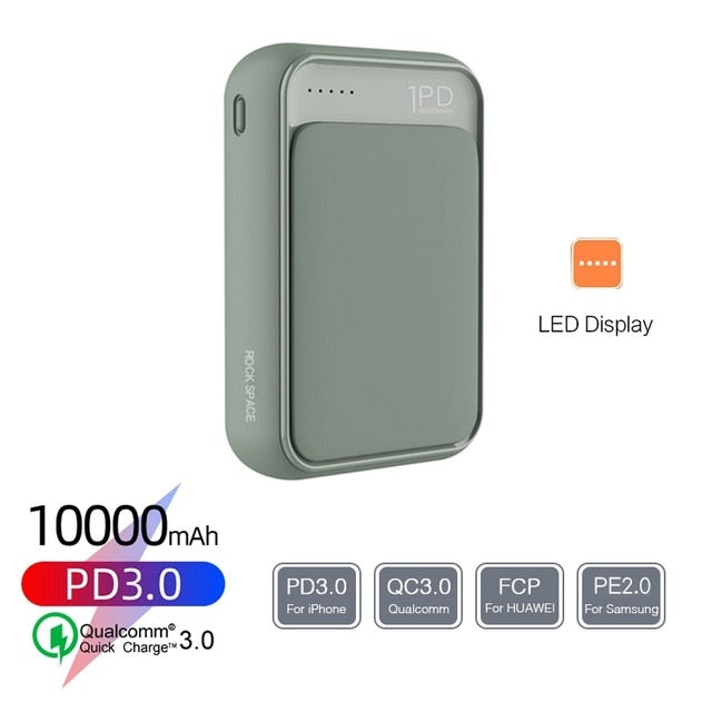 ROCK 18W Type C PD QC 3.0 Power Bank 10000mah Mini External Battery LED Display USB Quick Fast Charging Powerbank For Xiaomi Mi